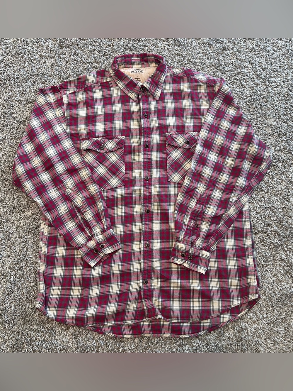 REDHEAD PLAID FLANNEL BUTTON UP SHIRT Burgundy Cream Red LARGE L Long Sleeve